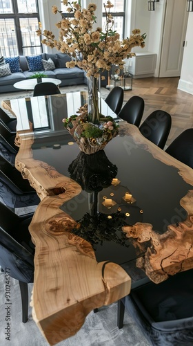 A beautifully designed wooden dining table featuring a black glass top is surrounded by elegant chairs in a contemporary dining space photo