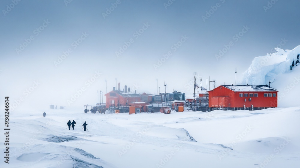Red Buildings in a Snowy, Foggy Landscape Red Buildings in a Snowy, Foggy Landscape