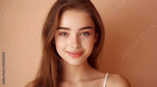 Portrait of a smiling cheerful teenage girl with perfect skin, creamy beige background, banner.