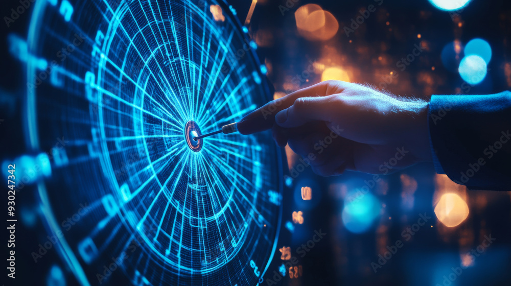 Businessman gesturing to protect a virtual blue dartboard with an arrow. Represents business achievement and objective target concepts.