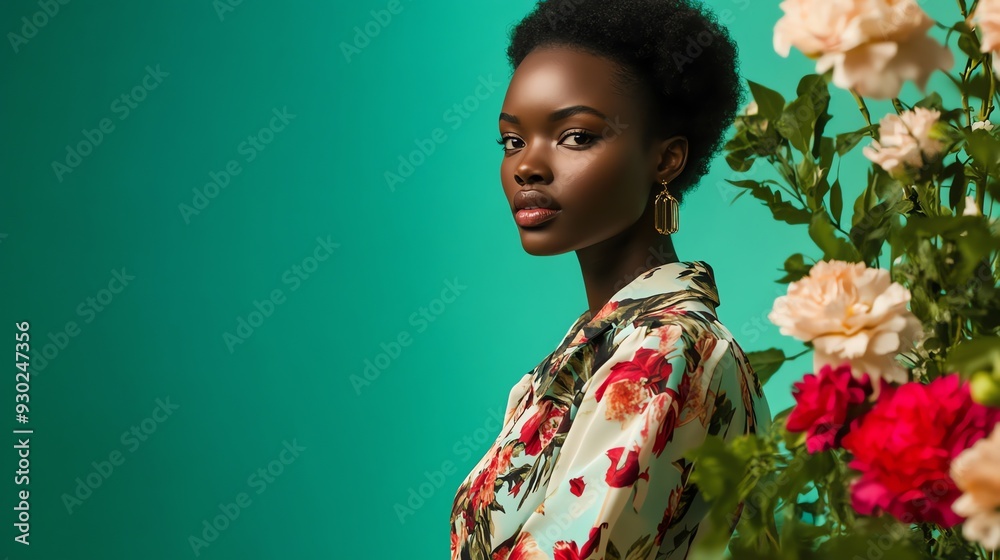 A woman with short, curly, black hair is wearing a floral dress.