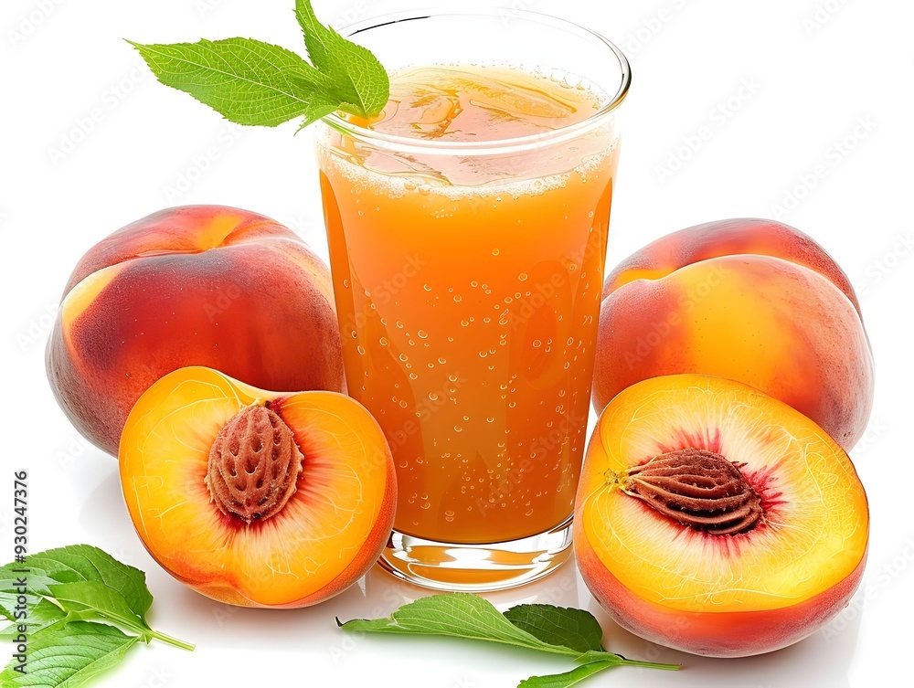 Fresh peach juice in a glass surrounded by whole and sliced peaches with green leaves on a white background Fresh peach juice in a glass surrounded by whole and sliced peaches with green leaves on a white background