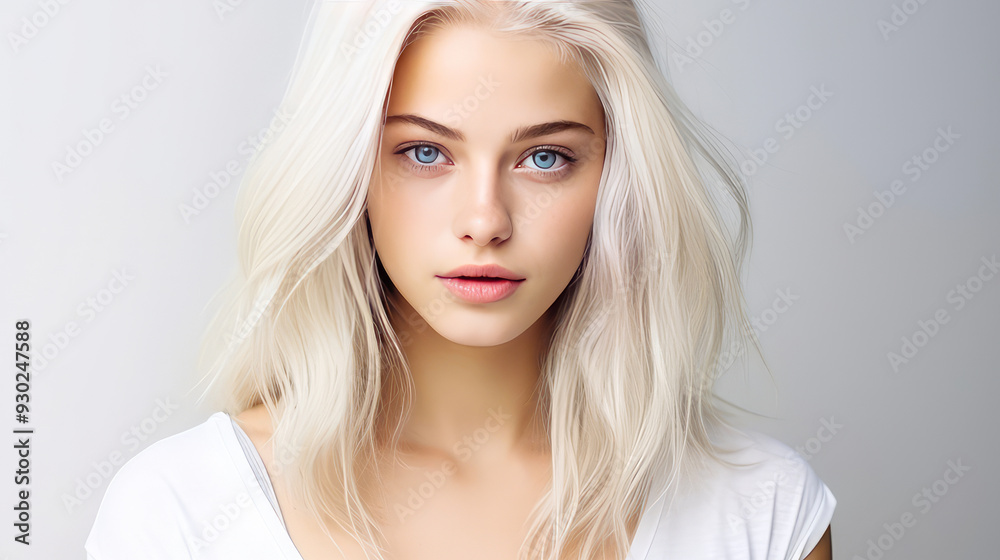 Portrait of a serious aggressive blonde teenage girl with white long hair with perfect skin, white background, banner. Portrait of a serious aggressive blonde teenage girl with white long hair with perfect skin, white background, banner.