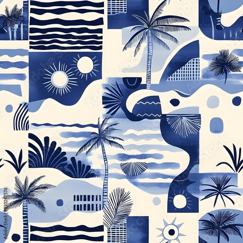 Hawaiian blue and white pattern with surfboards, waves, palm trees, seamless