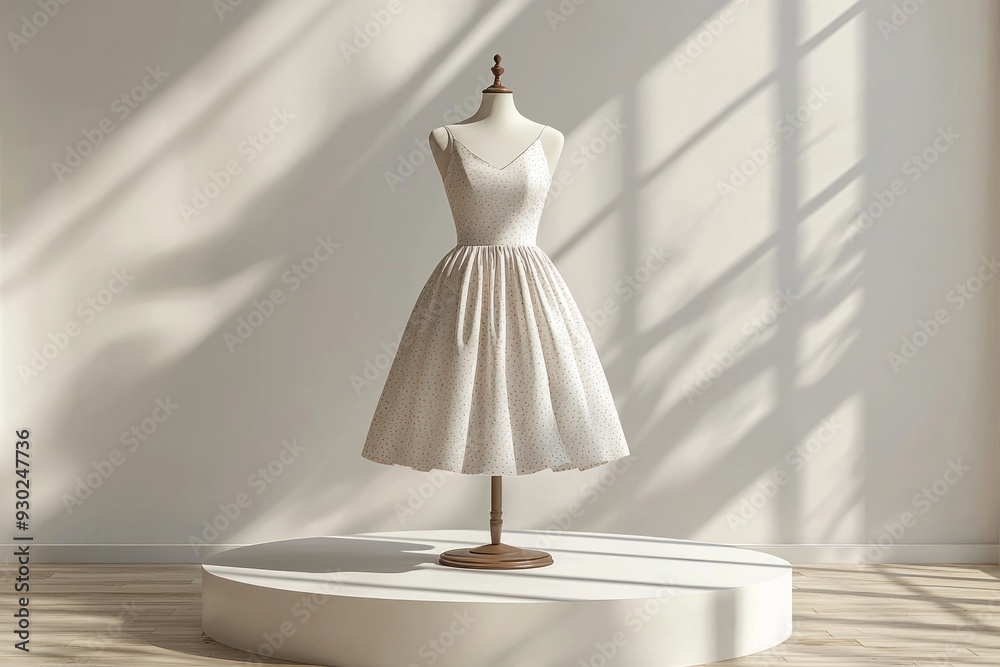 A realistic 3D mockup featuring a dress displayed on a mannequin, positioned on a sleek podium. The background is neutral, providing a clean canvas to highlight the dress design. The image is A realistic 3D mockup featuring a dress displayed on a mannequin, positioned on a sleek podium. The background is neutral, providing a clean canvas to highlight the dress design. The image is