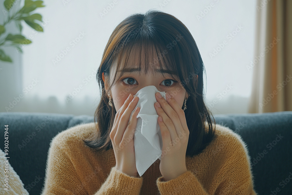 Asian woman sneezing with tissue in hands Asian woman sneezing with tissue in hands