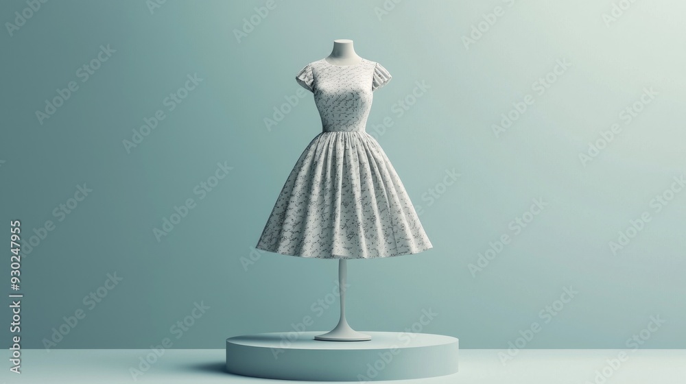 A 3D visualization of a dress on a mannequin, elegantly displayed on a podium with a neutral background. The high-resolution image captures the intricate details of the fabric and design, making it A 3D visualization of a dress on a mannequin, elegantly displayed on a podium with a neutral background. The high-resolution image captures the intricate details of the fabric and design, making it