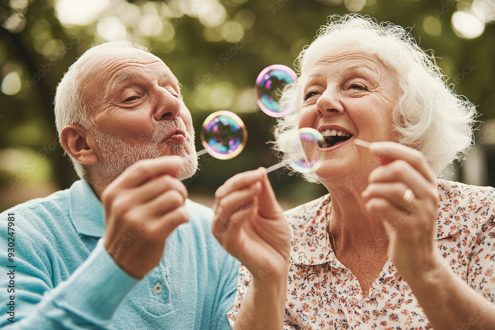 Fototapeta premium Happy senior couple blowing soap bubbles