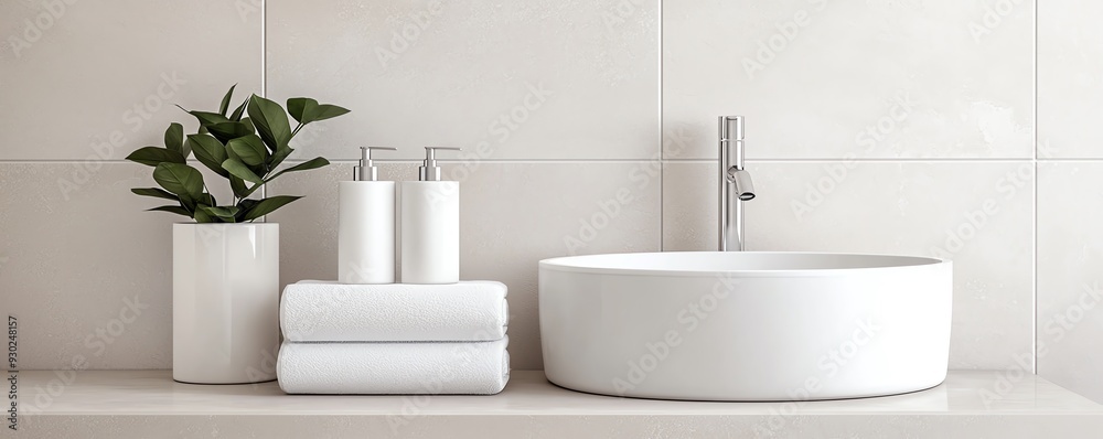 Modern bathroom scene featuring a sleek basin, fresh towels, and a stylish plant for a tranquil atmosphere. Modern bathroom scene featuring a sleek basin, fresh towels, and a stylish plant for a tranquil atmosphere.