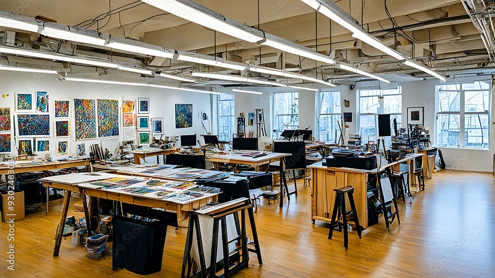 Spacious Art Studio with Natural Light and Colorful Artwork