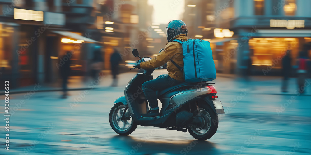 A man on a scooter with a blue backpack on his back. The man is wearing a yellow jacket A man on a scooter with a blue backpack on his back. The man is wearing a yellow jacket