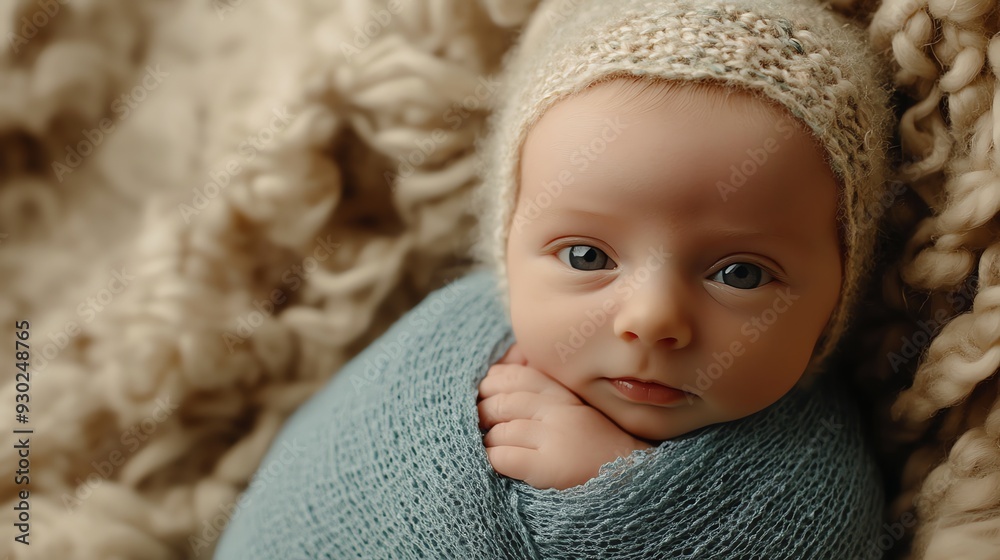 A newborn baby girl is sleeping peacefully, wearing a cream-colored bonnet. A newborn baby girl is sleeping peacefully, wearing a cream-colored bonnet.