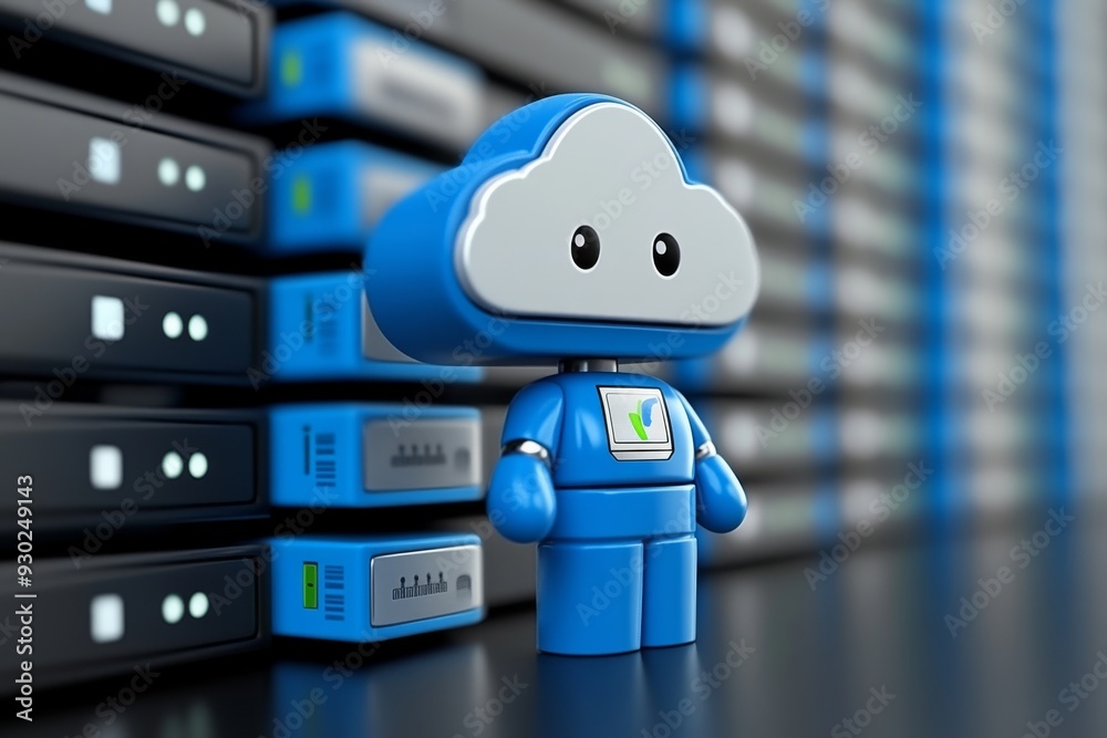 Cloud character standing in a data center whimsically bringing human traits to cloud computing concepts Cloud character standing in a data center whimsically bringing human traits to cloud computing concepts