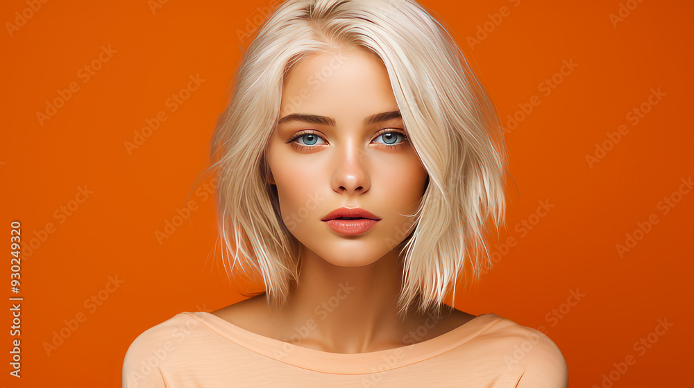 Portrait of a serious aggressive blonde teenage girl with white long hair with perfect skin, orange background, banner. Portrait of a serious aggressive blonde teenage girl with white long hair with perfect skin, orange background, banner.