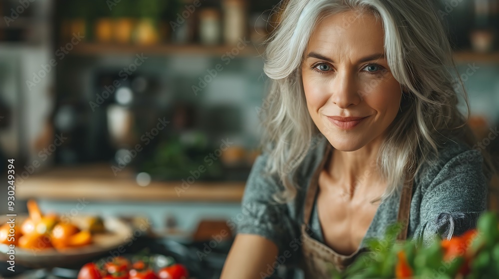 Beautiful gray-haired mother of 45 years old refills gratin mayonnaise in a modern kitchen, a countertop in the foreground