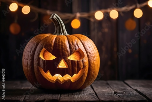 Halloween jack-o-lantern on a wooden table with bokeh lights. Classic carved pumpkin decoration for a festive and scary October night.