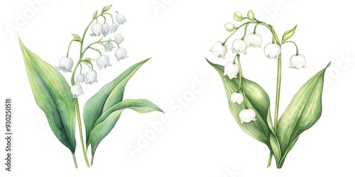 Fototapeta Naklejka Na Ścianę i Meble -  Elegant watercolor illustration of lily of the valley flowers, showcasing delicate white blooms and lush green leaves.