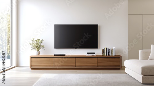 Modern living room featuring a sleek TV on a wooden console with stylish decor and ample natural light.