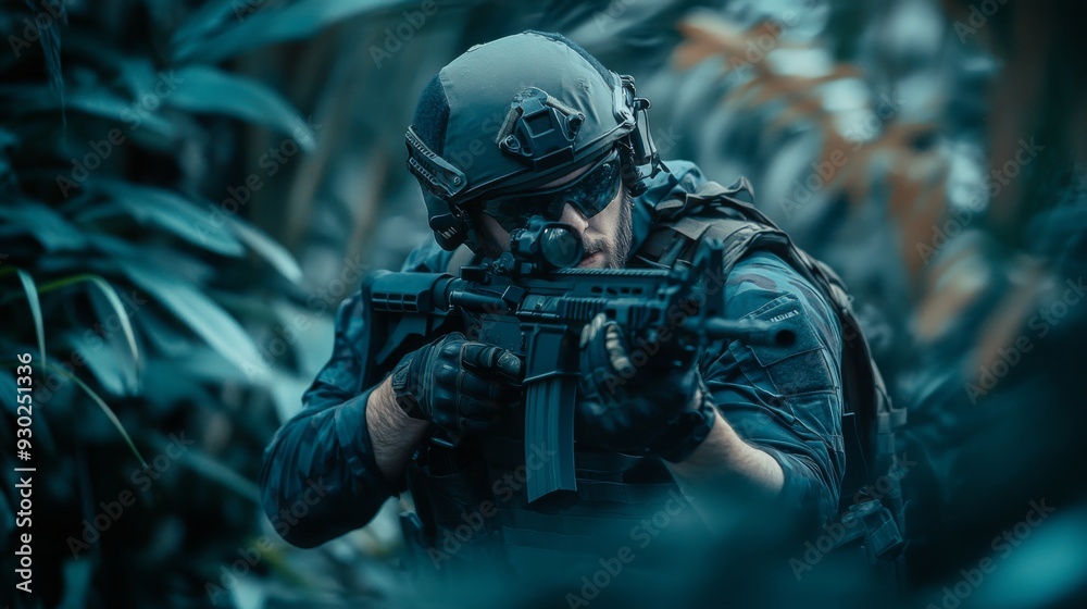 A soldier fully equipped with tactical gear, holding a gun and standing in a dense jungle, signaling readiness and alertness for a mission or operation. A soldier fully equipped with tactical gear, holding a gun and standing in a dense jungle, signaling readiness and alertness for a mission or operation.
