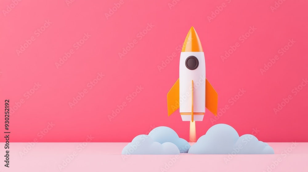 Minimalist Rocket Launch Illustration with Pink Background Minimalist Rocket Launch Illustration with Pink Background