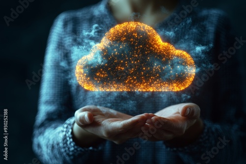 Hand holding a glowing cloud merging human interaction with cloud technologys tangible benefits