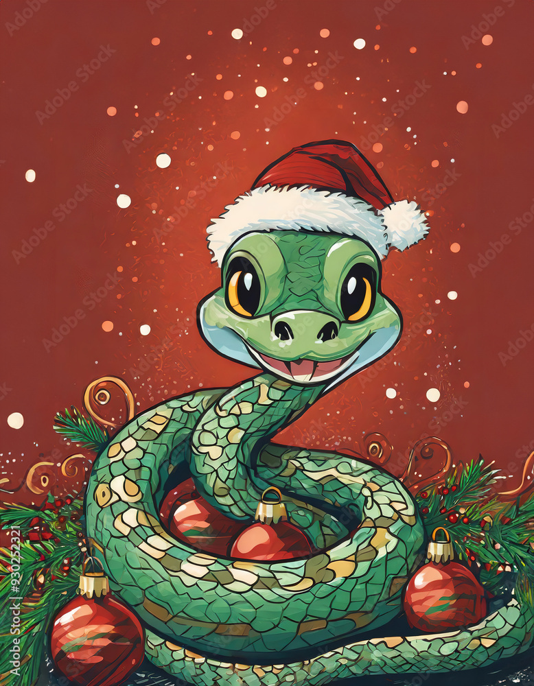 A cheerful and festive cartoon snake in a Santa hat surrounded by Christmas decorations. Chinese lunar 2025 is the year of the snake. Christmas banner. Happy New Year and Merry Christmas