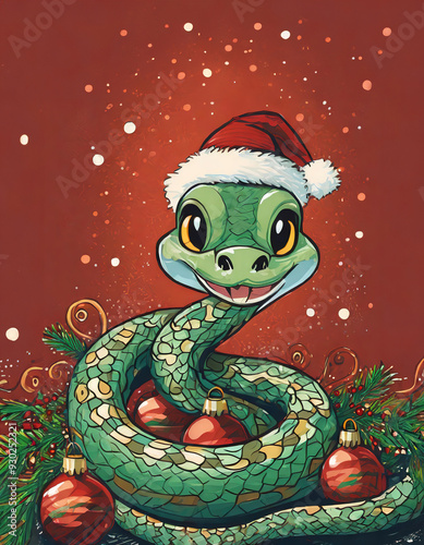 Obraz na płótnie A cheerful and festive cartoon snake in a Santa hat surrounded by Christmas decorations. Chinese lunar 2025 is the year of the snake. Christmas banner. Happy New Year and Merry Christmas w salonie