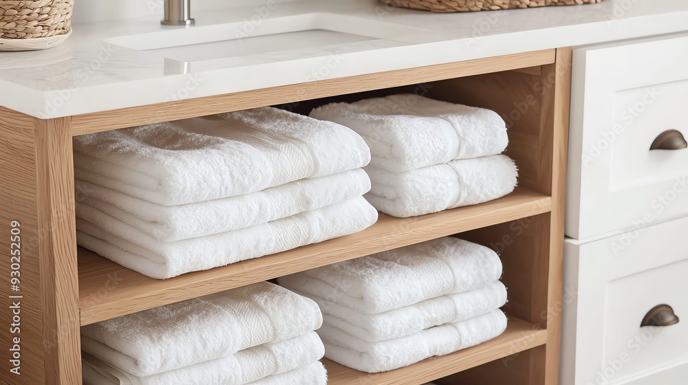 Neatly arranged white towels in a modern bathroom cabinet, providing a clean and organized aesthetic for any decor. Neatly arranged white towels in a modern bathroom cabinet, providing a clean and organized aesthetic for any decor.