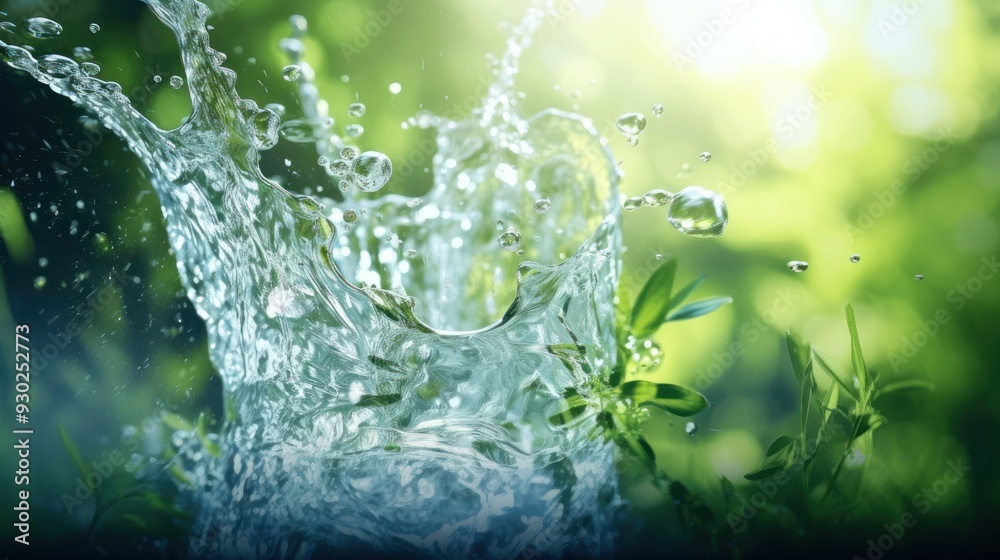 Water splash with green plants and drops.