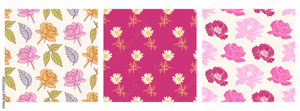 Fototapeta premium Floral Hand Drawn Flowers Seamless Patterns Set
