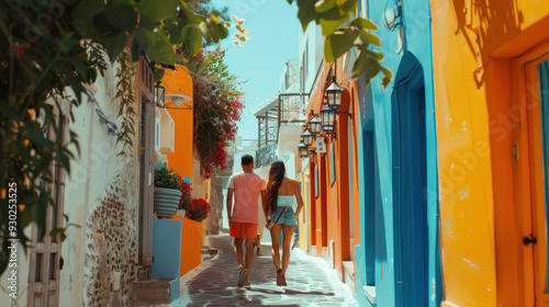 Fototapeta Naklejka Na Ścianę i Meble -  Visitors walking along the colorful streets of Santorini, Greece, with stunning views of the Aegean Sea