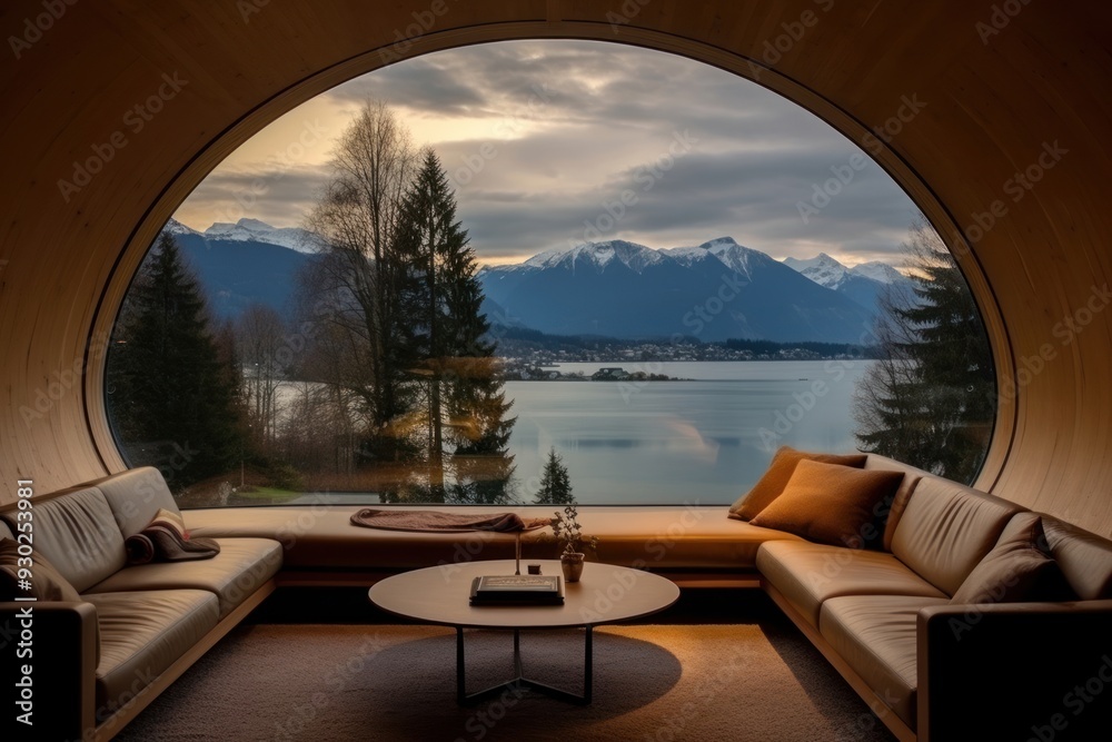 Fototapeta premium Window see mountain and lake furniture nature plant.