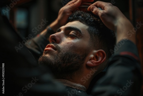 Close up of a man receiving a haircut in a barbershop.