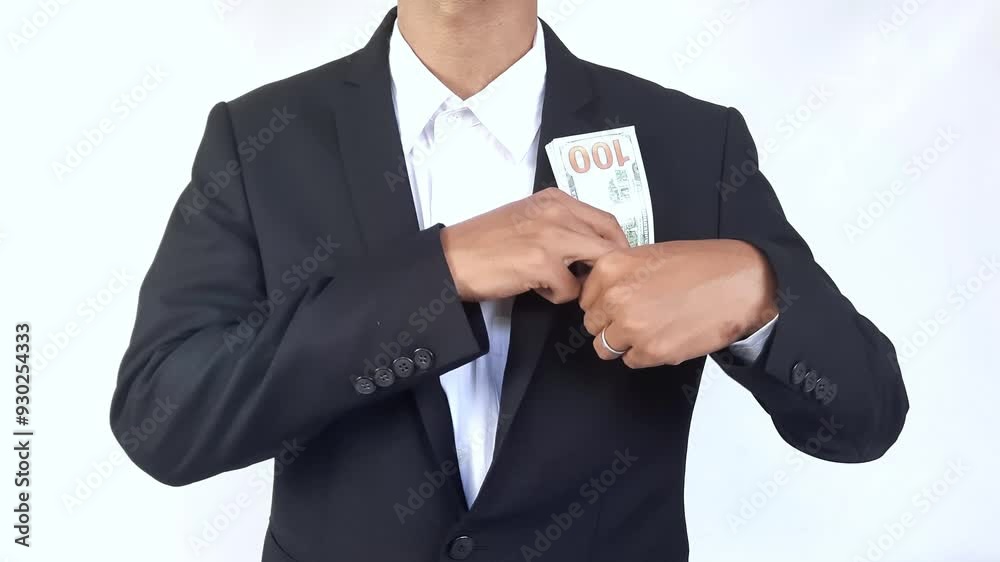 Businessman placing money into his pocket. Businessman placing money into his pocket.