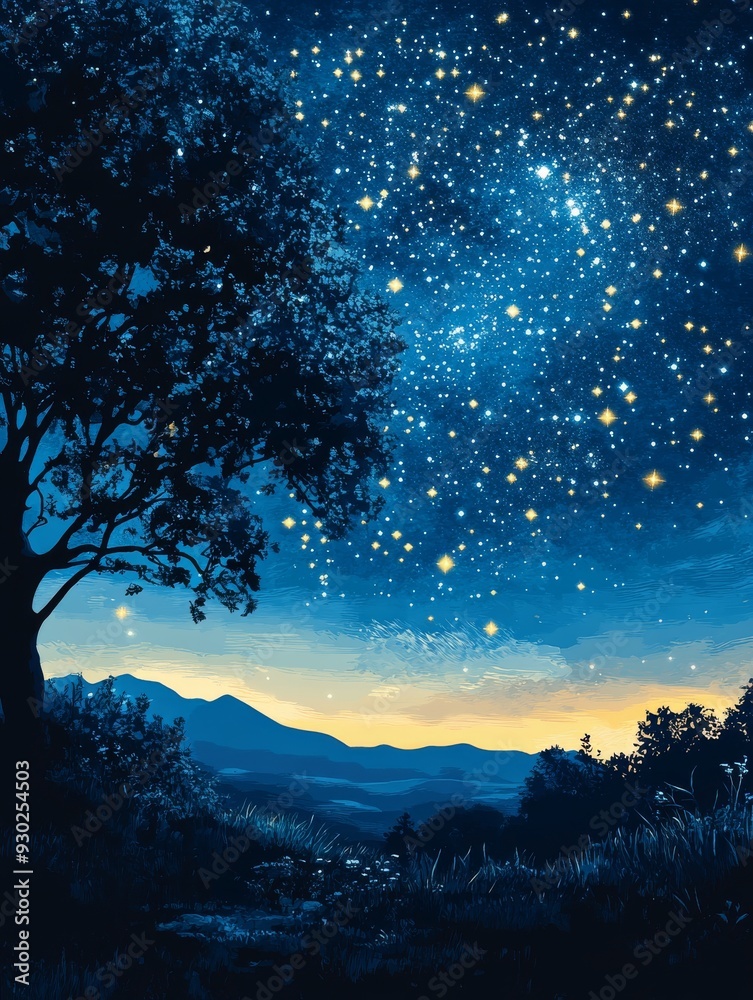 Fototapeta premium Night Sky with Mountains and Tree Silhouettes