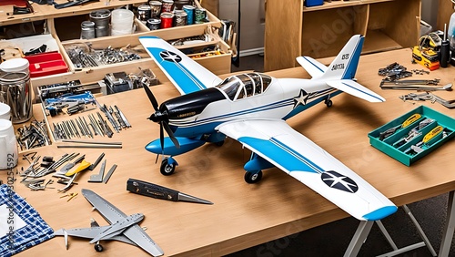 Model Airplane on Workbench with Tools