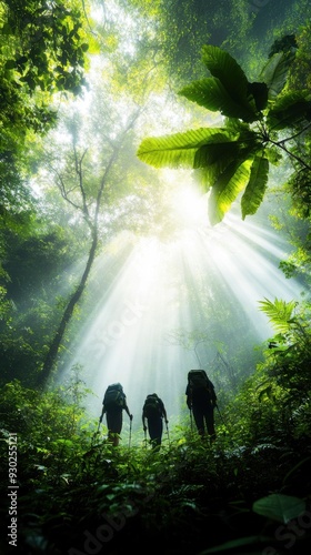 A small group of friends hiking through a dense, tropical jungle, with beams of sunlight breaking through the canopy and illuminating the lush greenery, creating a sense of adventure and discovery