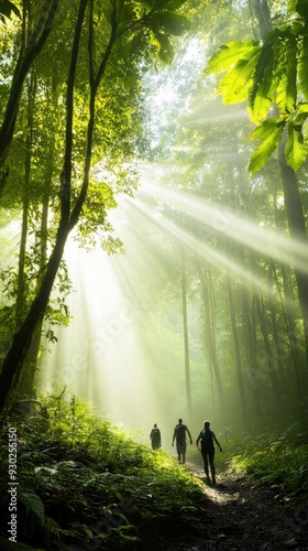 A small group of friends hiking through a dense, tropical jungle, with beams of sunlight breaking through the canopy and illuminating the lush greenery, creating a sense of adventure and discovery