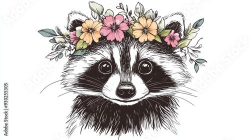 A cute cartoon raccoon with a flower crown.