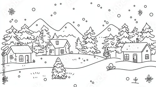 A black and white line drawing of a snowy winter scene with houses and trees.