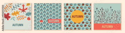 Abstract autumn backgrounds set in trendy flat design. Hand drawn leaves, plants in minimal style. Falling season concept vector illustration. Poster, cover, card or social media design.