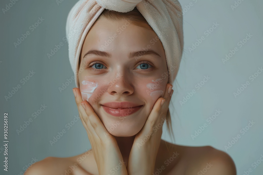 Young woman with perfect skin, smiling and touching her face, beauty and spa concept, grey background. Young woman with perfect skin, smiling and touching her face, beauty and spa concept, grey background.