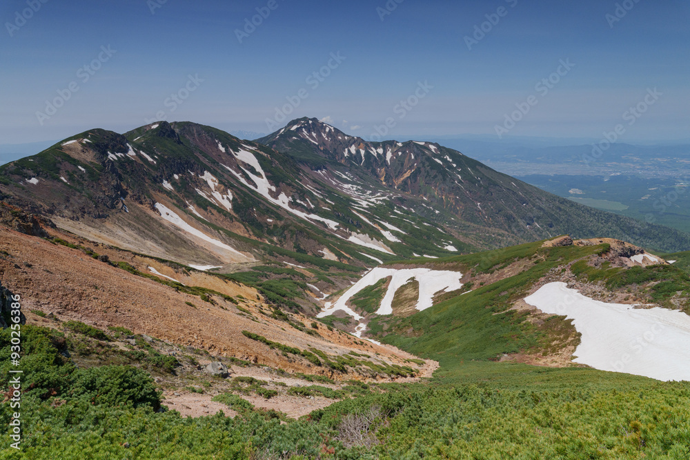 Fototapeta premium 上ホロカメットク山への登山道からの残雪の富良野岳 ６月の北海道