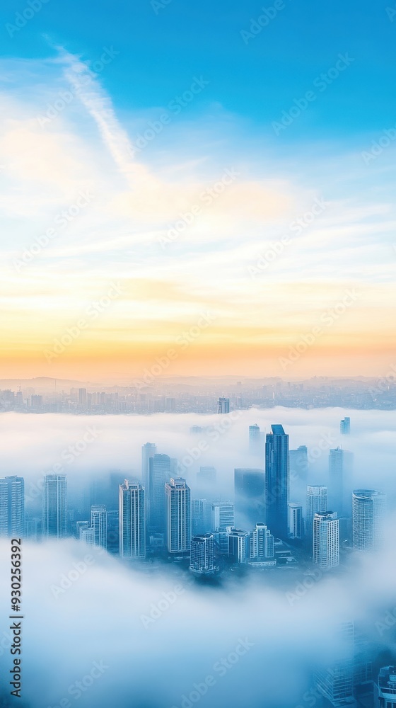 Fototapeta premium A serene early morning cityscape with fog rolling in, creating a calm and introspective mood