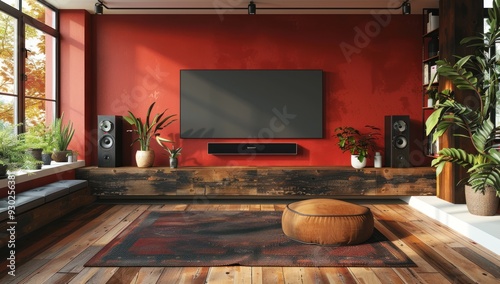 Modern Living Room with Red Walls and Wooden Accents