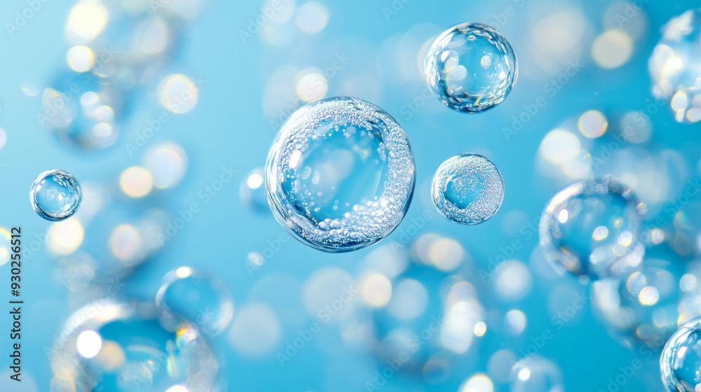 Close-up of bubbles in water, highlighting a scientific background for cosmetic essence or serum under a microscope. Represents hydration and the development of cosmetics. Close-up of bubbles in water, highlighting a scientific background for cosmetic essence or serum under a microscope. Represents hydration and the development of cosmetics.