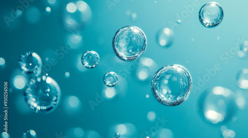 Wallpaper Mural Close-up of bubbles in water, highlighting a scientific background for cosmetic essence or serum under a microscope. Represents hydration and the development of cosmetics. Torontodigital.ca