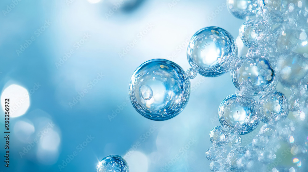 Close-up of bubbles in water, highlighting a scientific background for cosmetic essence or serum under a microscope. Represents hydration and the development of cosmetics. Close-up of bubbles in water, highlighting a scientific background for cosmetic essence or serum under a microscope. Represents hydration and the development of cosmetics.