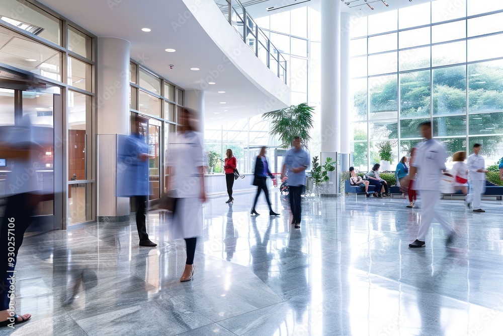 Fototapeta premium Staff In Busy Lobby Area Of Modern Hospital walking adult plant.