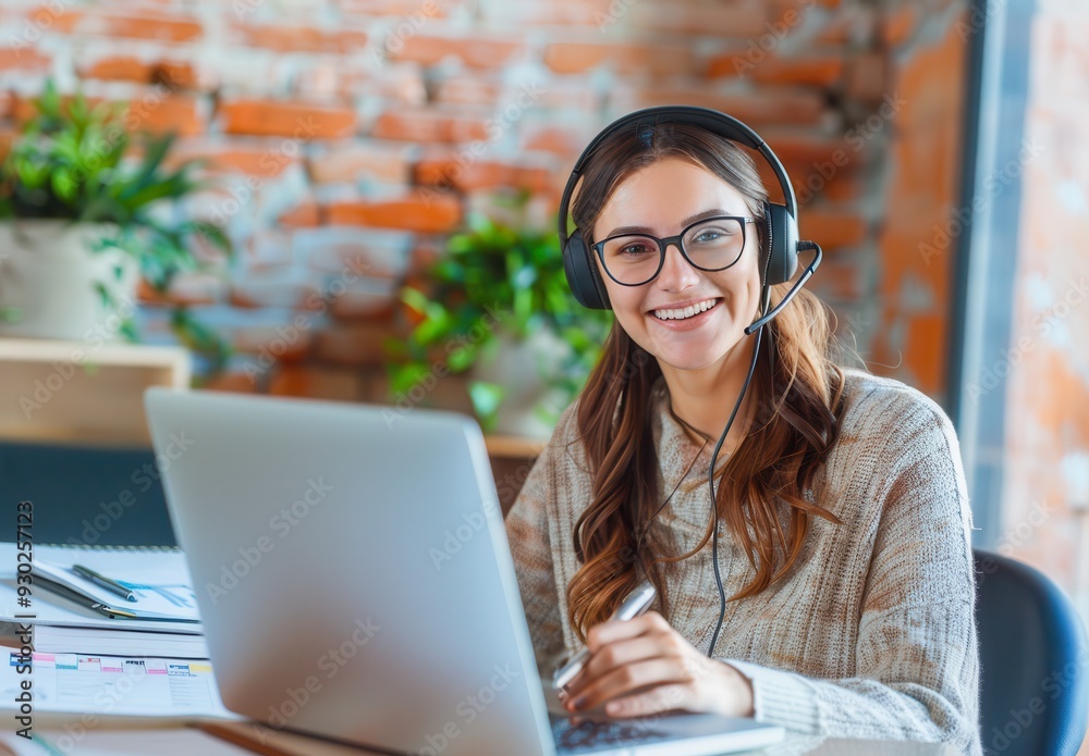 a smiling female customer service worker working at a desk with headphones and laptop. a smiling female customer service worker working at a desk with headphones and laptop.
